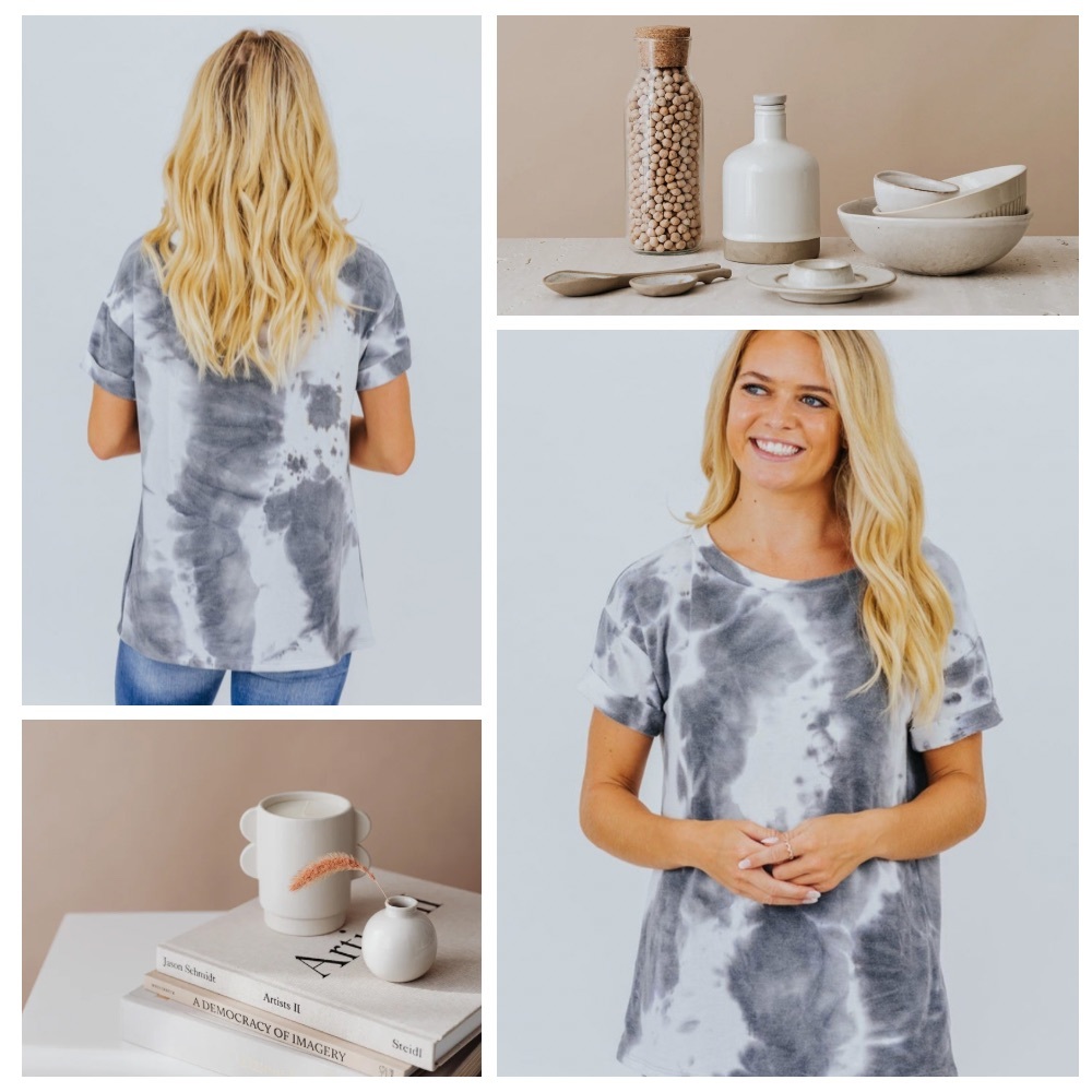 Tie Dye Print Short Sleeve Top in Off White - Size Large